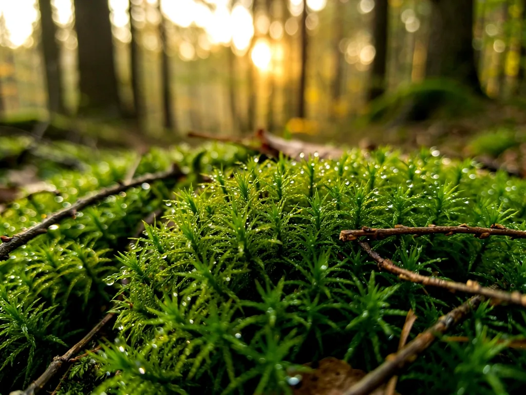 Naturalne tekstury mchu z kroplami rosy